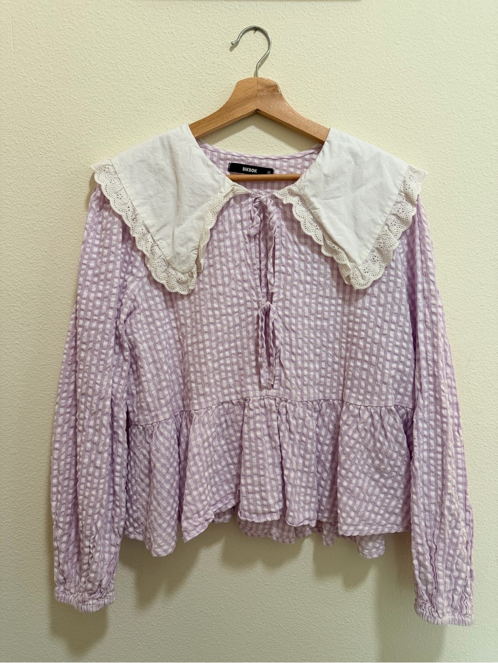 Bik Bok Lavender cotton Peplum Top with White Lace Collar
